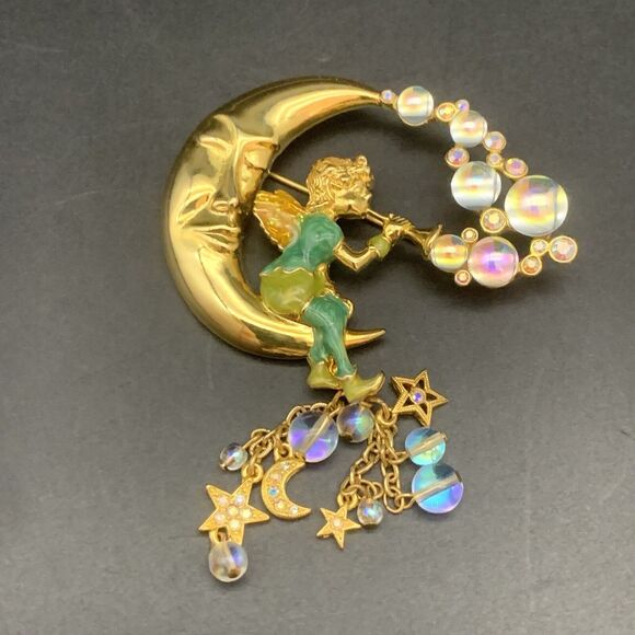 Vintage Kirks Folly Pipedream Fairy Moon Bubbles Charm Rhinestone Pin Brooch - Picture 1 of 10